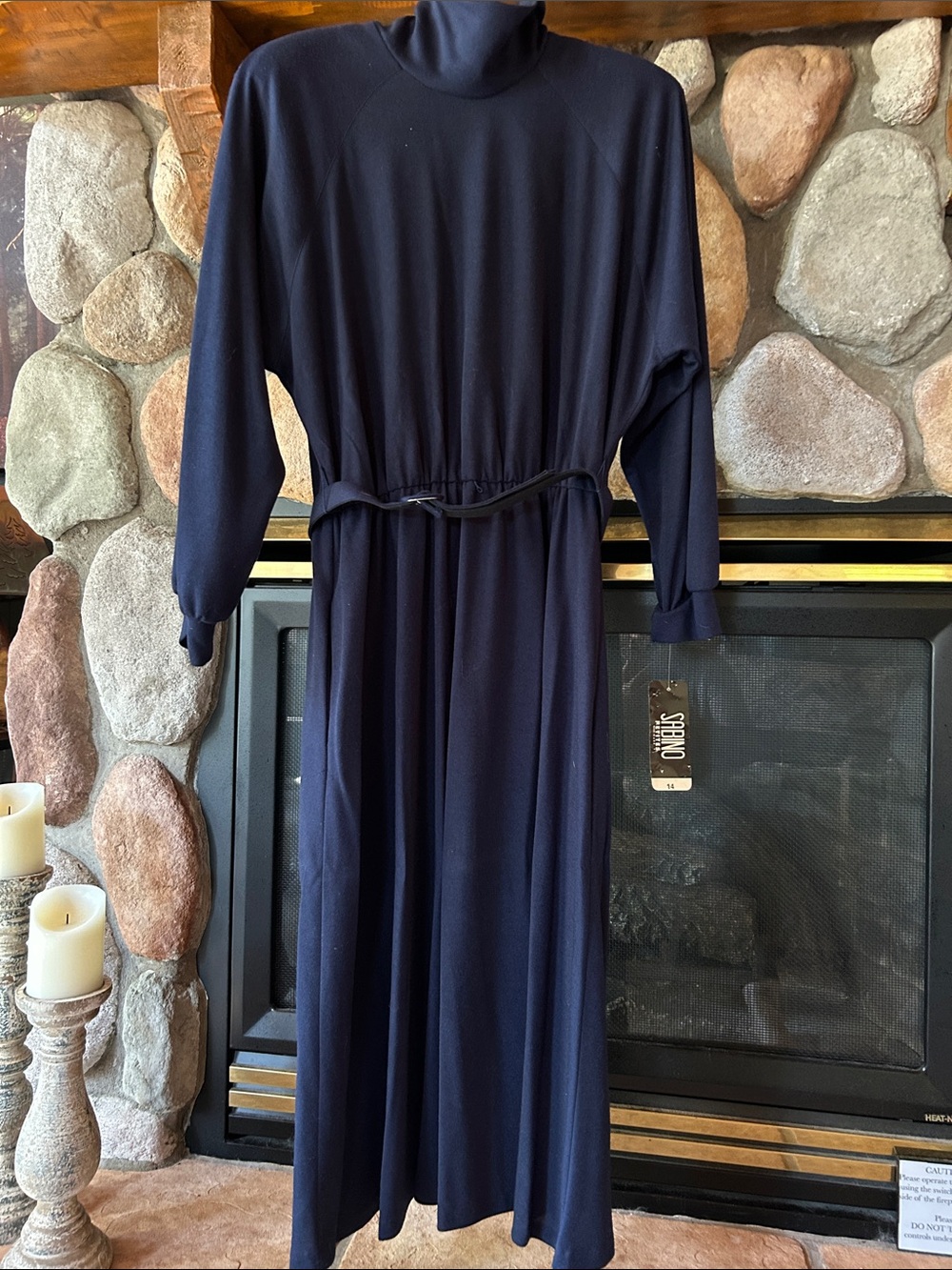 Sabino Petites Navy Knit Mock Neck Belted Waist Career Midi Dress, Size 14P, NWT